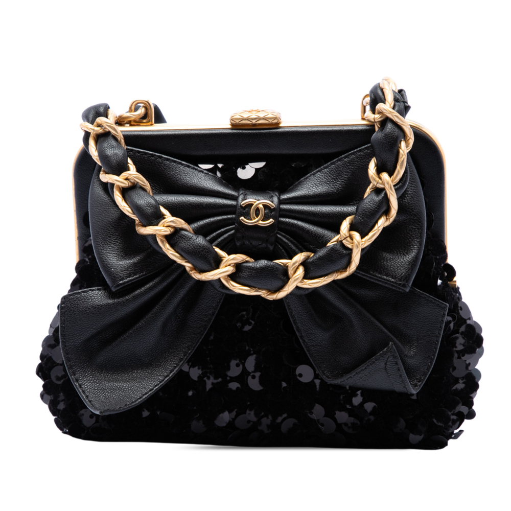 Pre-Loved Chanel Tweed and Lambskin Sequin Bow Clutch With Chain